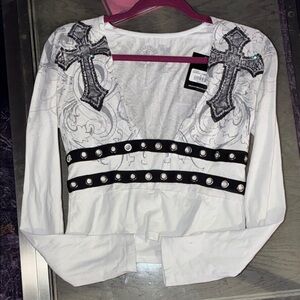 Affliction White Long Sleeve Top with Cross Accents